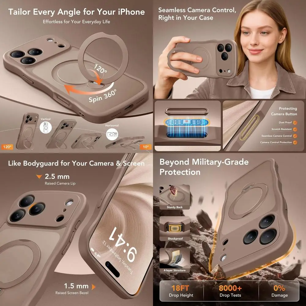 

for iPhone 17 Pro Max Case for Women,[Compatible with Magsafe][360° Spin Magnetic Stand][Cute Wave Edge][Military-Grade Protecti