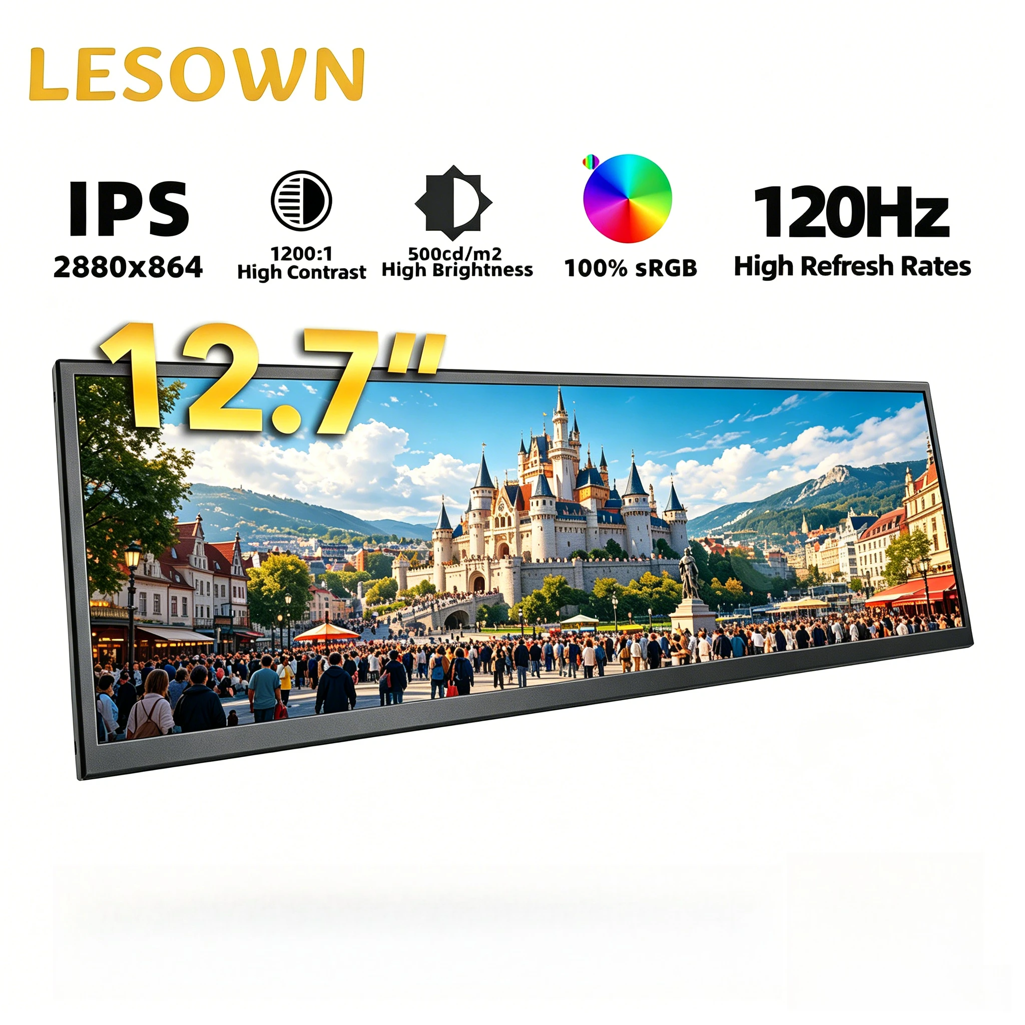 LESOWN 12.7 Inch 2880x864 screen Portable Monitor 120Hz Plug & Play Aluminum Display with Mini HDTV for Laptop