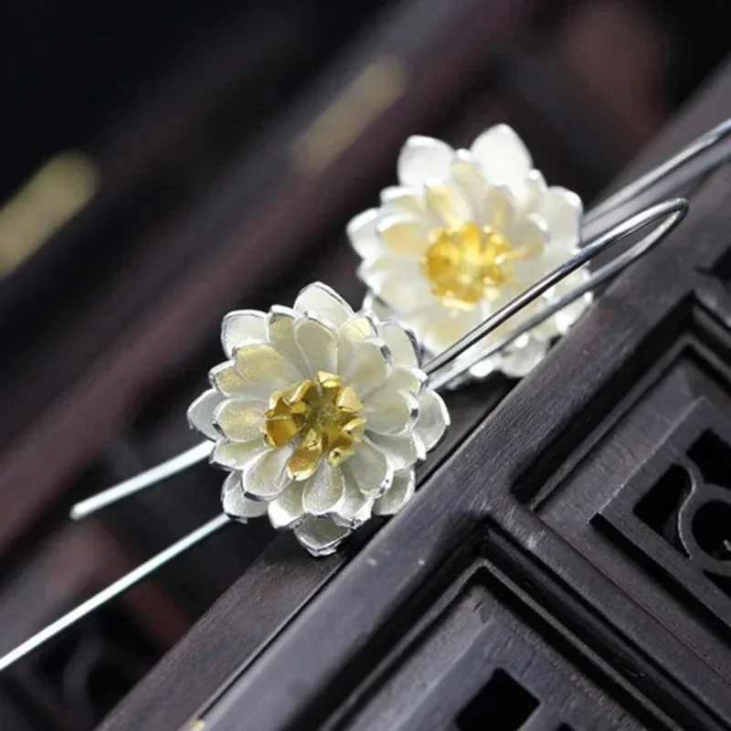 New Creative Flowers Long Earrings for Women Ethnic Style Fashion Lotus Temperament Ear Hooks Wedding Jewelry Accessories