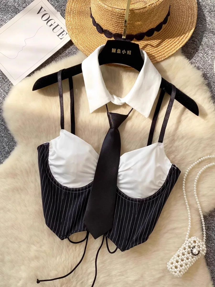 

Foamlina Halter Neck Tie Color Block Office Style Camisole Top Fashion High Street Y2k Girl's Summer New Cutout Blouse Crop