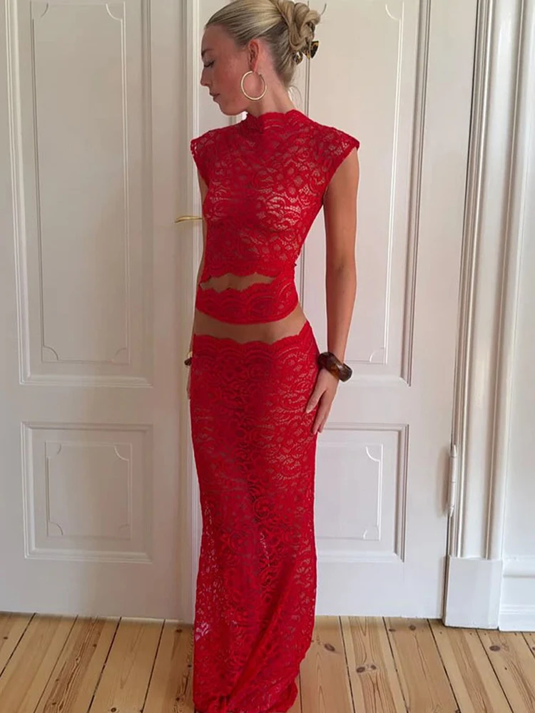 큐트뉴 자카드 2피스 세트 여성 섹시 홀로우 불규칙 탱크탑+롱 스커트 2025 여름 매칭 클럽웨어 섹시 의상