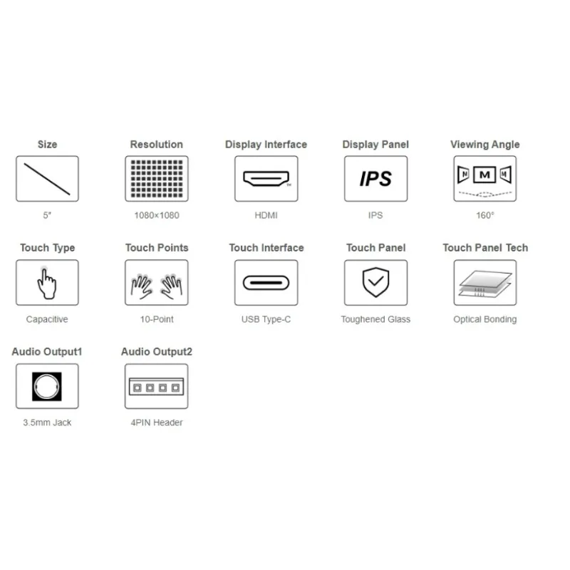 

IPS, 10-Point Touch, Optical Bonding Toughened Glass Panel 5inch HD Round Touch Display, 1080 X 1080
