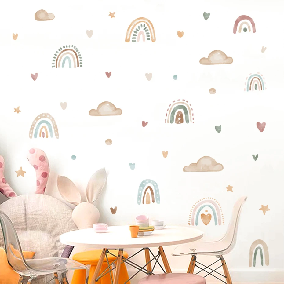 Boho watercolor Cartoon Rainbow Sun Clouds Wall Sticker Nursery Vinyl Children\'s Wall Art Decals for Baby Kids Room Home Decor