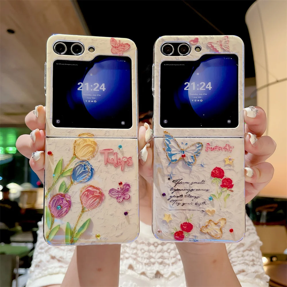 Blu-ray Butterfly Flower Jewelled Phone Case For Samsung Galaxy Z Flip 3 4 5 5G Protection PC Shell Protective Flip5 Flip4 Cover