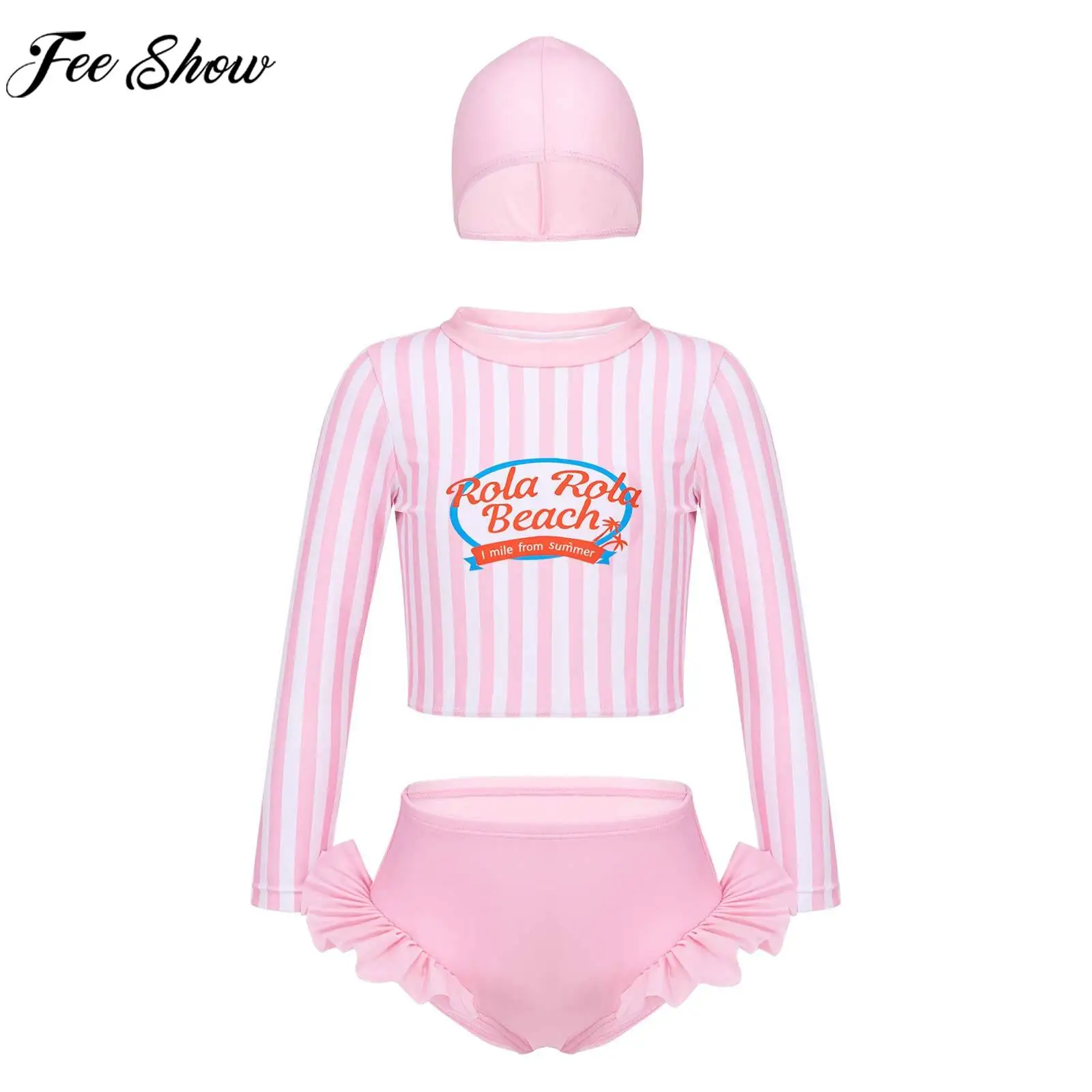 Baby Kids Girls Print Swimsuit Swimwear Rash Guard Long Sleeve Crop Top with Brief Swim Hat Beach Pool Surfing Bathing Beachwear