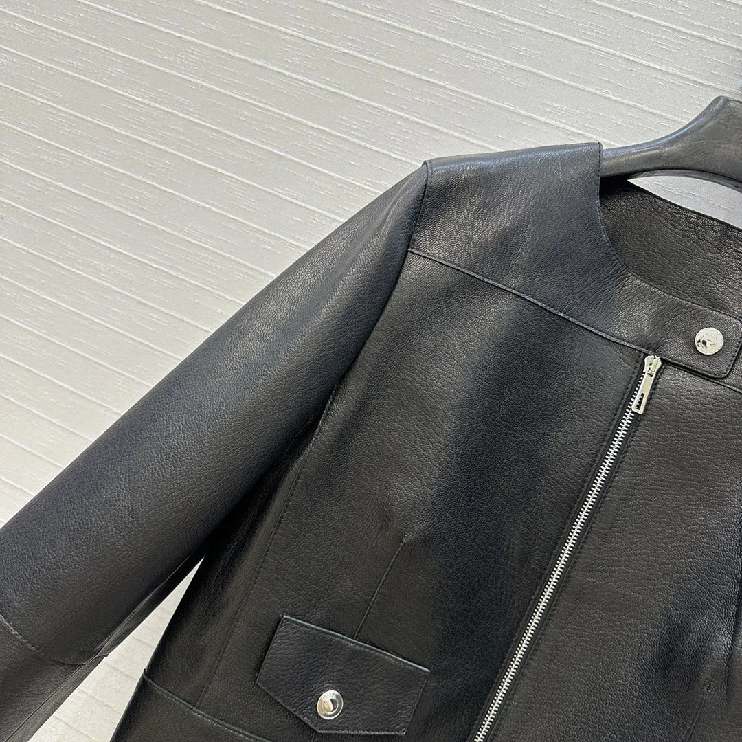 ヴィンテージブラック高級 100% シープスキンレザーコート女性 O ネックボタンジッパー長袖 2026 新作春秋ショートジャケット