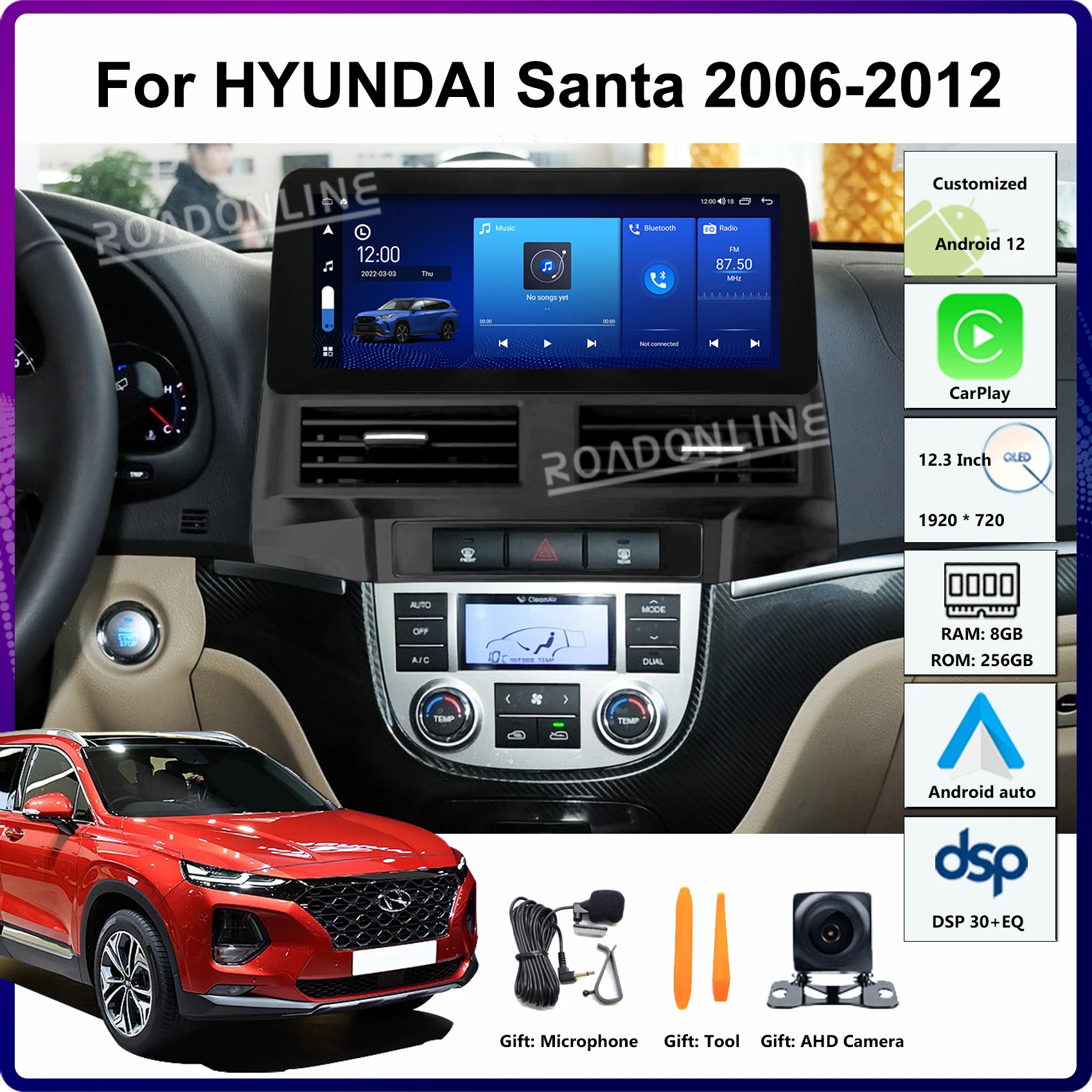 12.3 Inch Android 12 For Hyundai Santa 2006-2012 1920*720 8-Core 8+256G Car GPS Multimedia Player Stereo Receiver Radio CarPlay