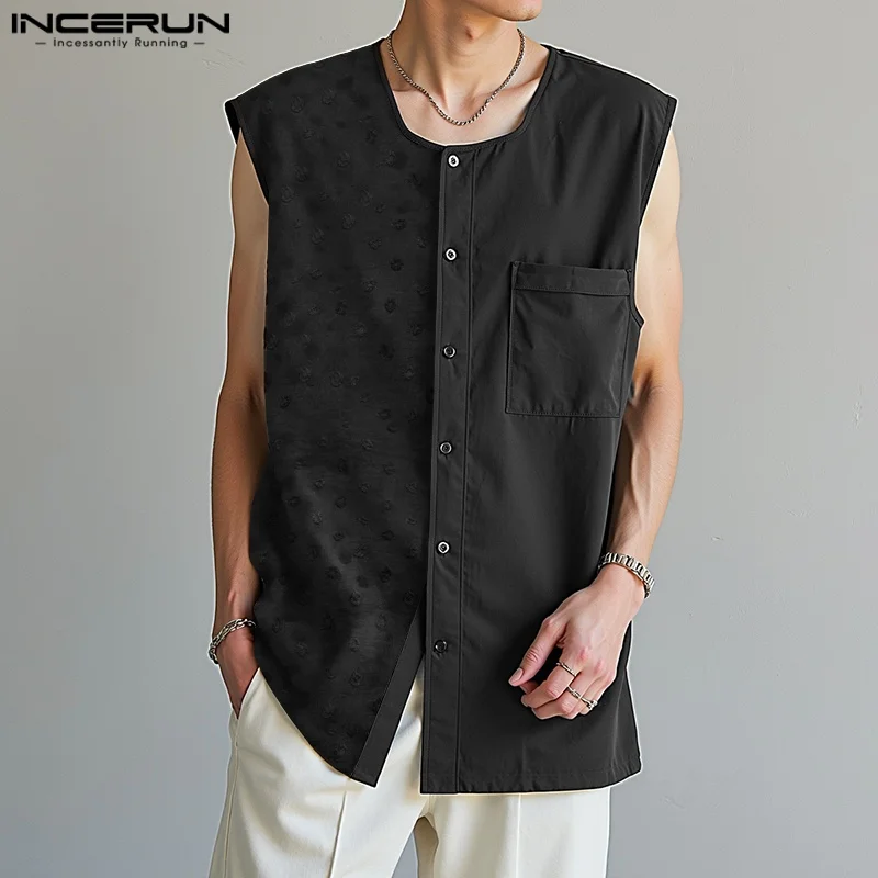 

INCERUN Men Shirt Solid Color O-neck Sleeveless Summer Button Casual Men Clothing Streetwear 2025 Loose Fashion Male Shirts