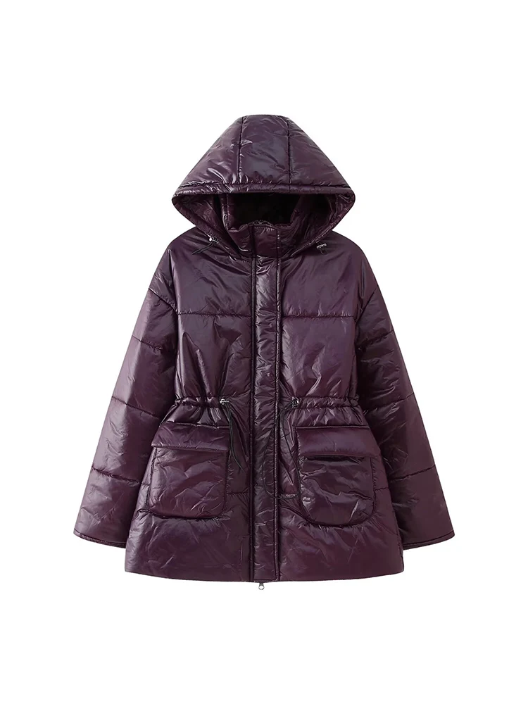 

European style new women's fashion versatile temperament waist solid color zipper hooded cotton coat