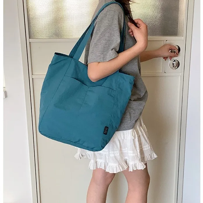 Custom Logo Wrinkle Nylon Tote Bag Large Capacity Foldable Lightweight Women Daily Commuter Shopping Shoulder Bag