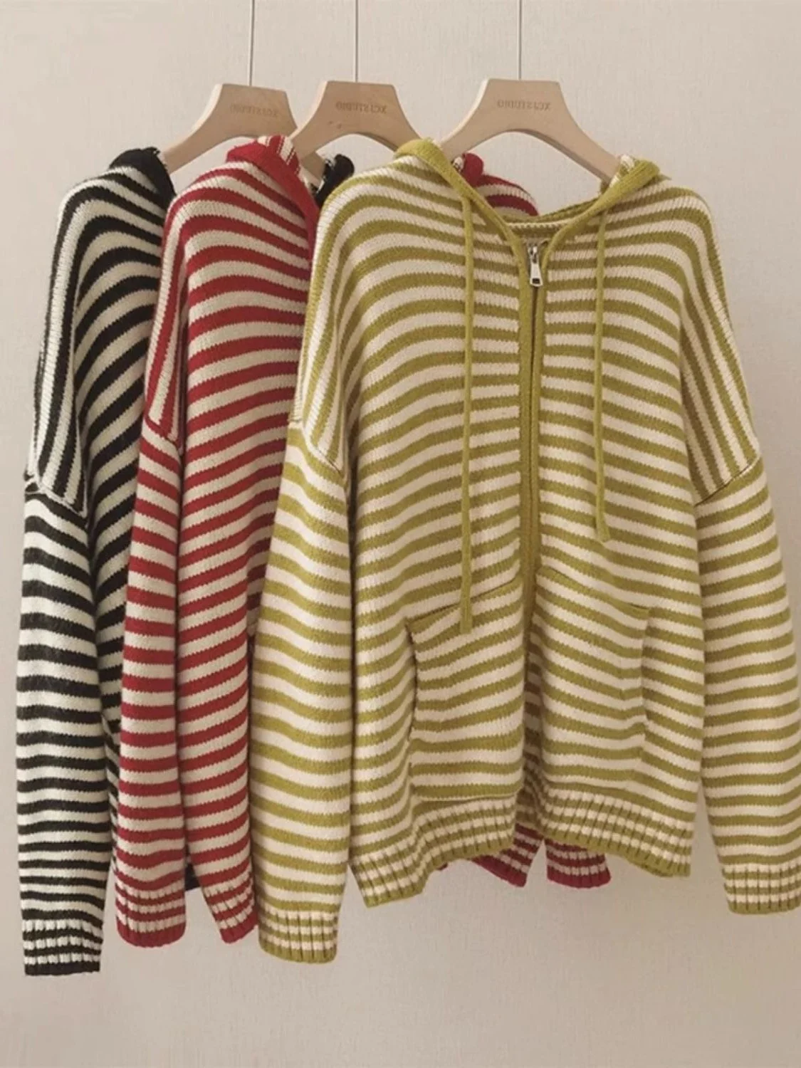 

plus Size Knitted Open Cardigan Women's Loose Fit Hoodie Striped Sweater Outerwear Autumn Winter Casual Sle Zipper Closure