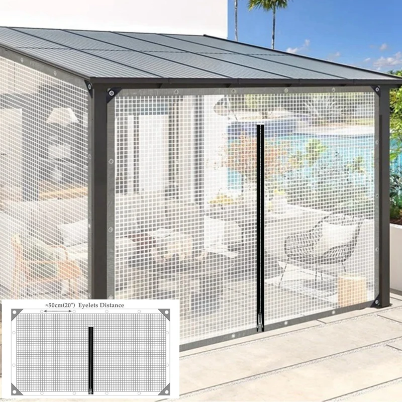 0.35MM Mesh Grid Reinforced PE Tarpaulin with Zipper Balcony Waterproof Screen Pergolas Gazebo Rainproof Enclosure Tarp