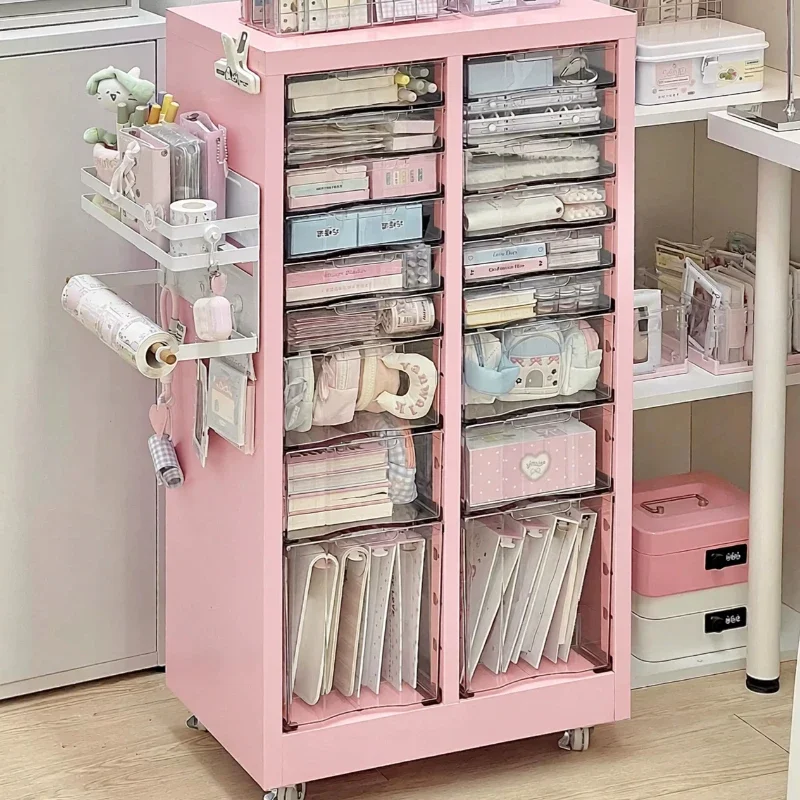 Large Capacity Pink Metal Filing Cabinet Multi-level Students Drawer Storage Mobile Rolling Cart for Desk Office Organizer Rack
