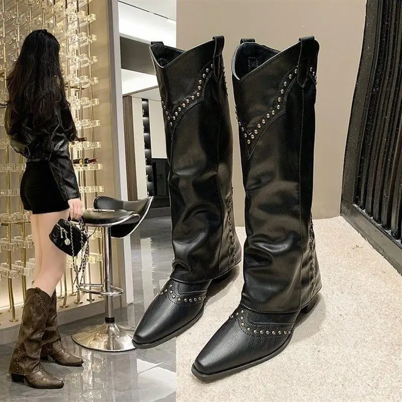 

Высокие сапоги с заклепками в стиле ретро, женские сапоги, универсальные ковбойские рыцарские сапоги в стиле вестерн, подошва из искусственной кожи на плоском каблуке с круглым носком, ТПУ