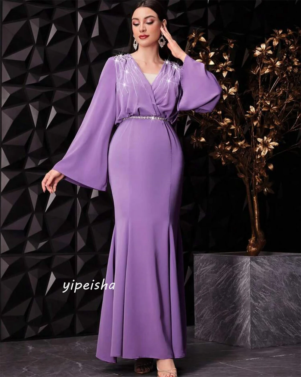   Satin Beading Draped Ruffles Valentine's Day Mermaid V-Neck Bespoke Occasion Gown Long Sleeve Dresses