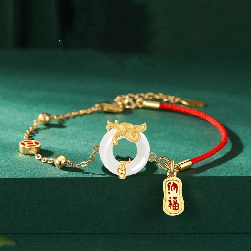 Lucky Nafu Pendant Bracelets for Women Creative Ethnic Chinese Dragon Red Rope Bracelets 2024 New Year Amulet Jewelry Gifts