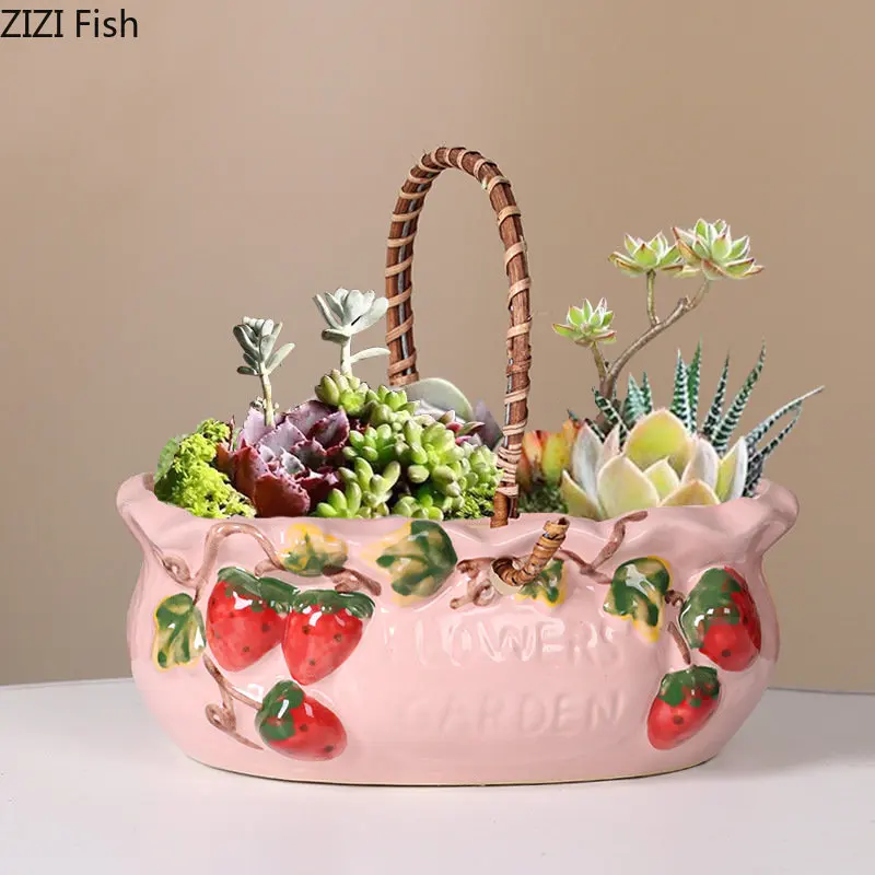 

Strawberry Relief Tote Basket Flower Pots Ceramic Vase Desk Decoration Potted Plants Floral Vases Porcelain Flowers Arrangement