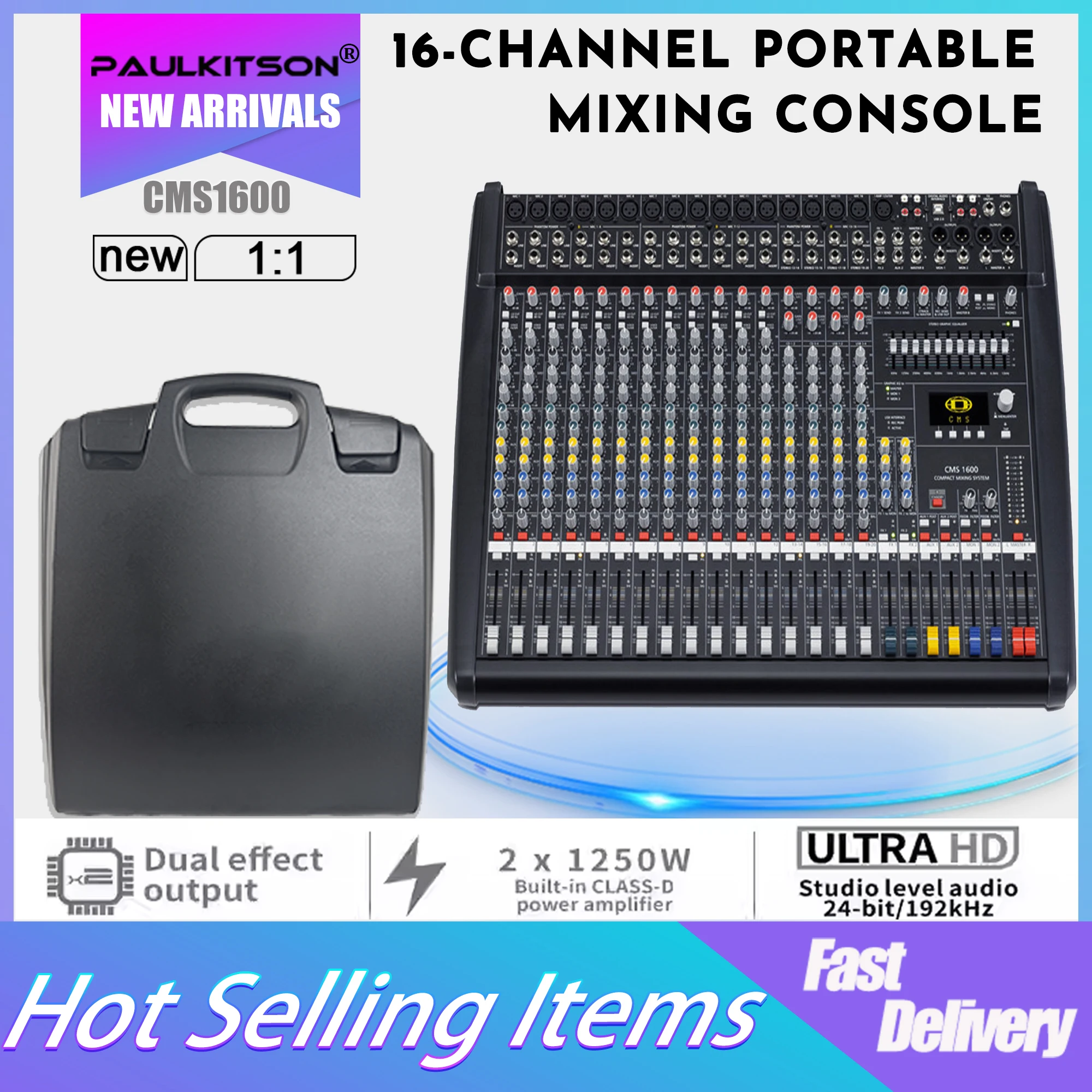 

Paulkitson CMS1600-3 16-Channel Portable Mixing Console 2x1250W 24bit/192kHz DSP Audio Mixer For Stage Live Sound KTV Karaoke