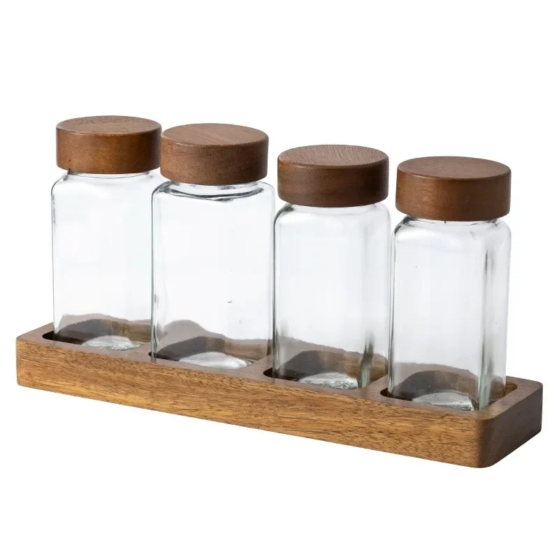 Glass Seasoning Jar Set Acacia Wood Cover Square Glass Bottle with Base Set Sealed Pepper Spice Jar Spices Organizer Kitchen