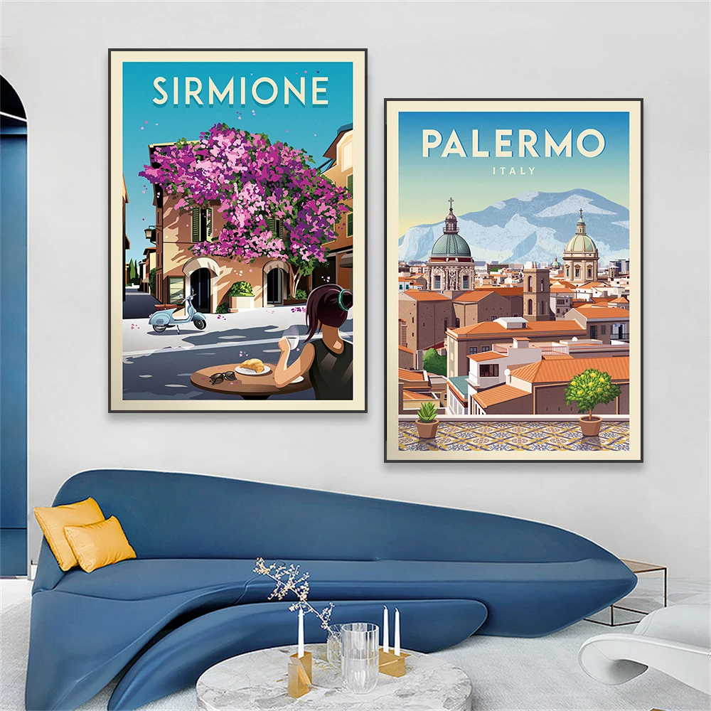 Palermo Sicily Italy Travel Poster Modern Verona Italy City Minimalist  Print Cityscape Cefalù Sicily Landscape Canvas Painting