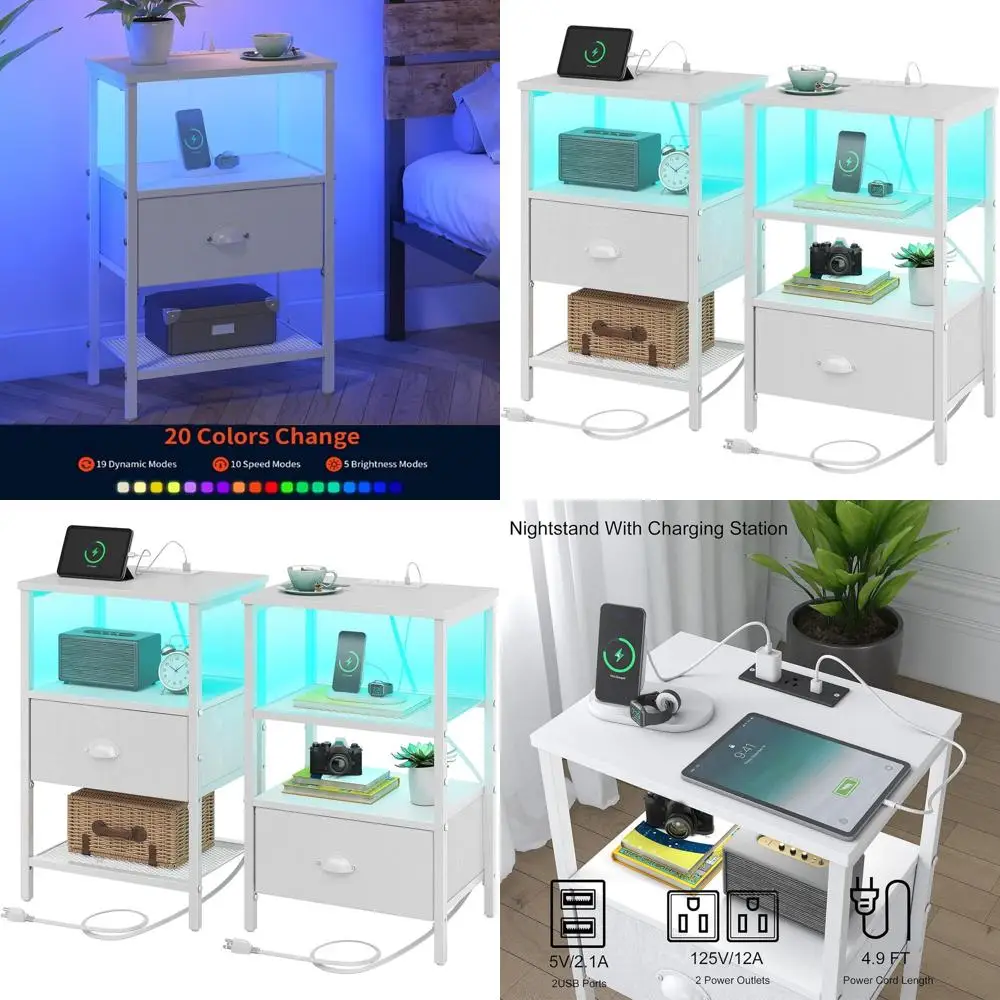 

Pair of LED-lit Nightstands with Charging Port and Fabric Drawers, 3-Tier Storage, White