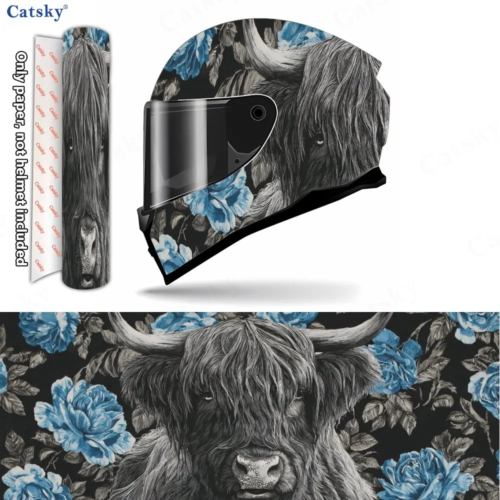 

Blue Flower Highland Cow Retro Art Pattern Helmet Vinyl Wraps, Waterproof Scratch-Resistant Full Face Helmet Decals, Durable PVC