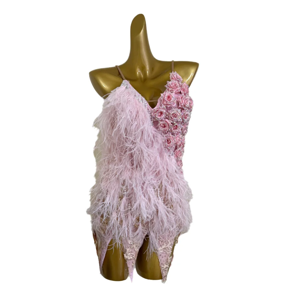 라틴 댄서 성인 어린이 고급 맞춤형 핑크 로즈 플러시 드레스 탱고 삼바 AB 스톤 공연 드레스