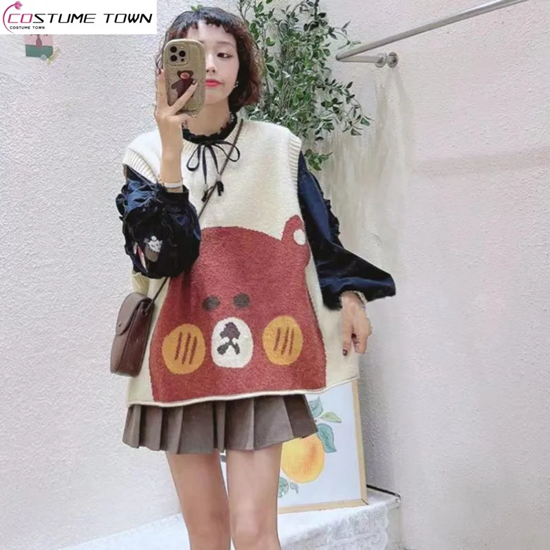 

Dudu Bear Tank Top Korean Edition New Loose Round Neck Cute Bear Head Knitted Tank Top