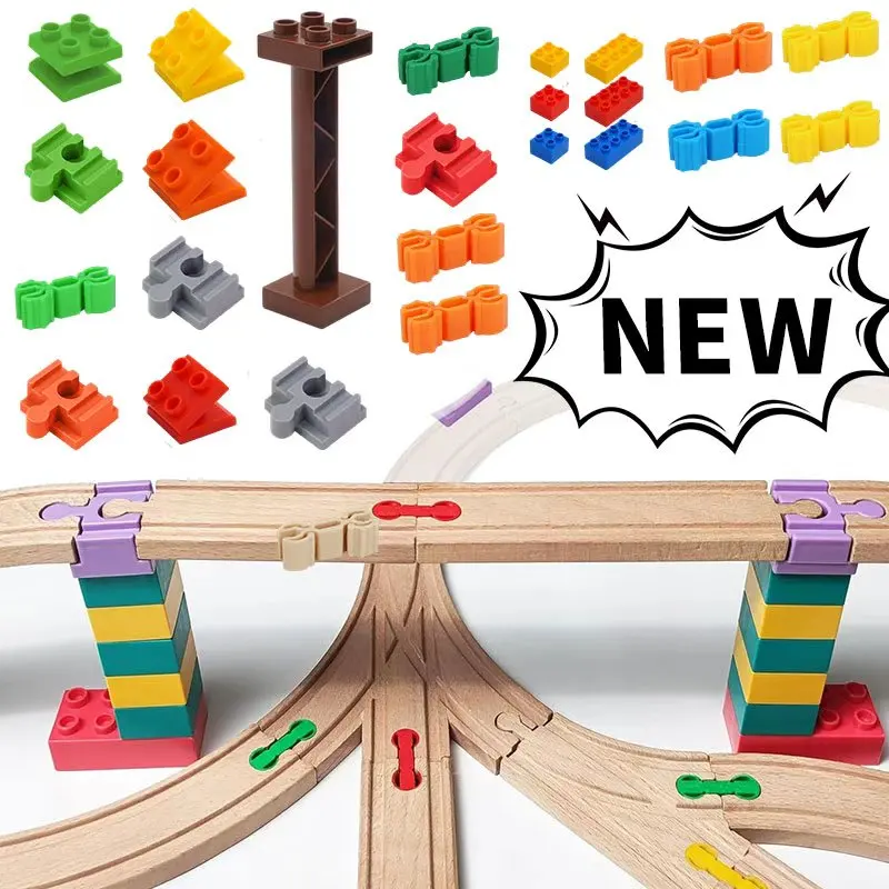 NEW Wooden Track Connector Set Building Block Connection Adapters Train Track Railway Rail Toy DIY For Kids Birthday Xmas Gifts