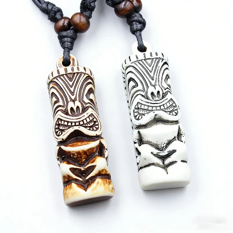 RUEMOY Carved Tiki Statue Necklace, Solid Resin Imitation Bone, Adjustable Bead Cord, Polynesian Maori Island Tribal Jewelry