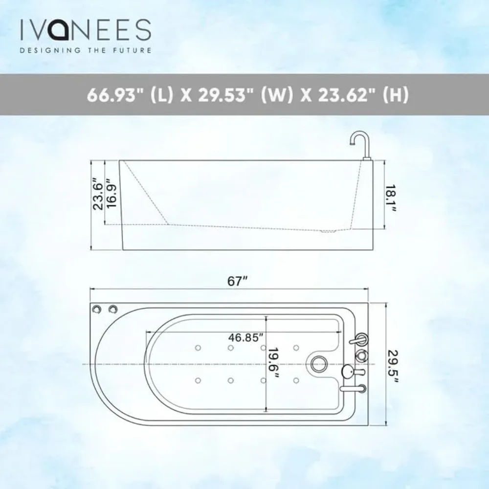 67 Inch Acrylic Freestanding Whirlpool Corner Hot Tub Modern Soaking Bathtub with Right Drainage and LED Control Panel