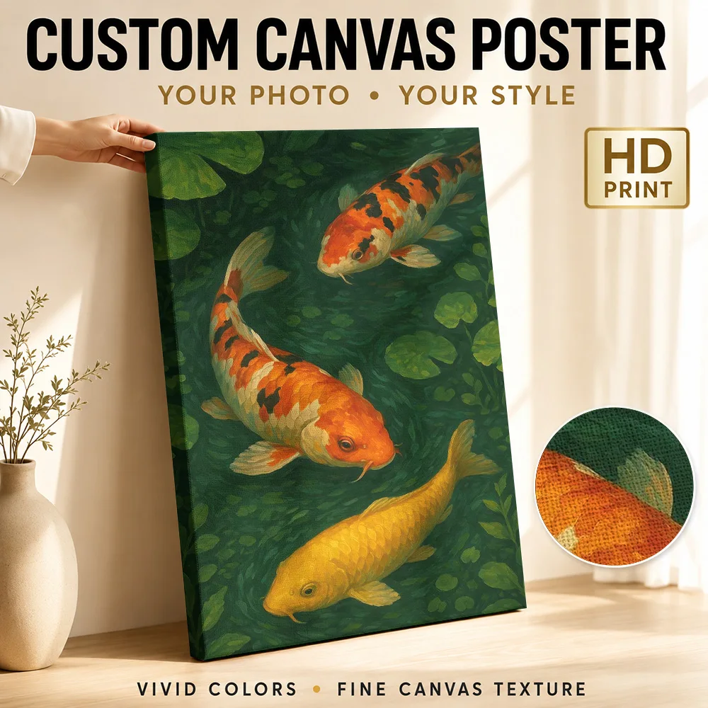 Two Koi Among Lily Pads Canvas Poster Personalized Photo Expressive Brushwork Wall Art For Meditation Room, Fish Keeper Gift