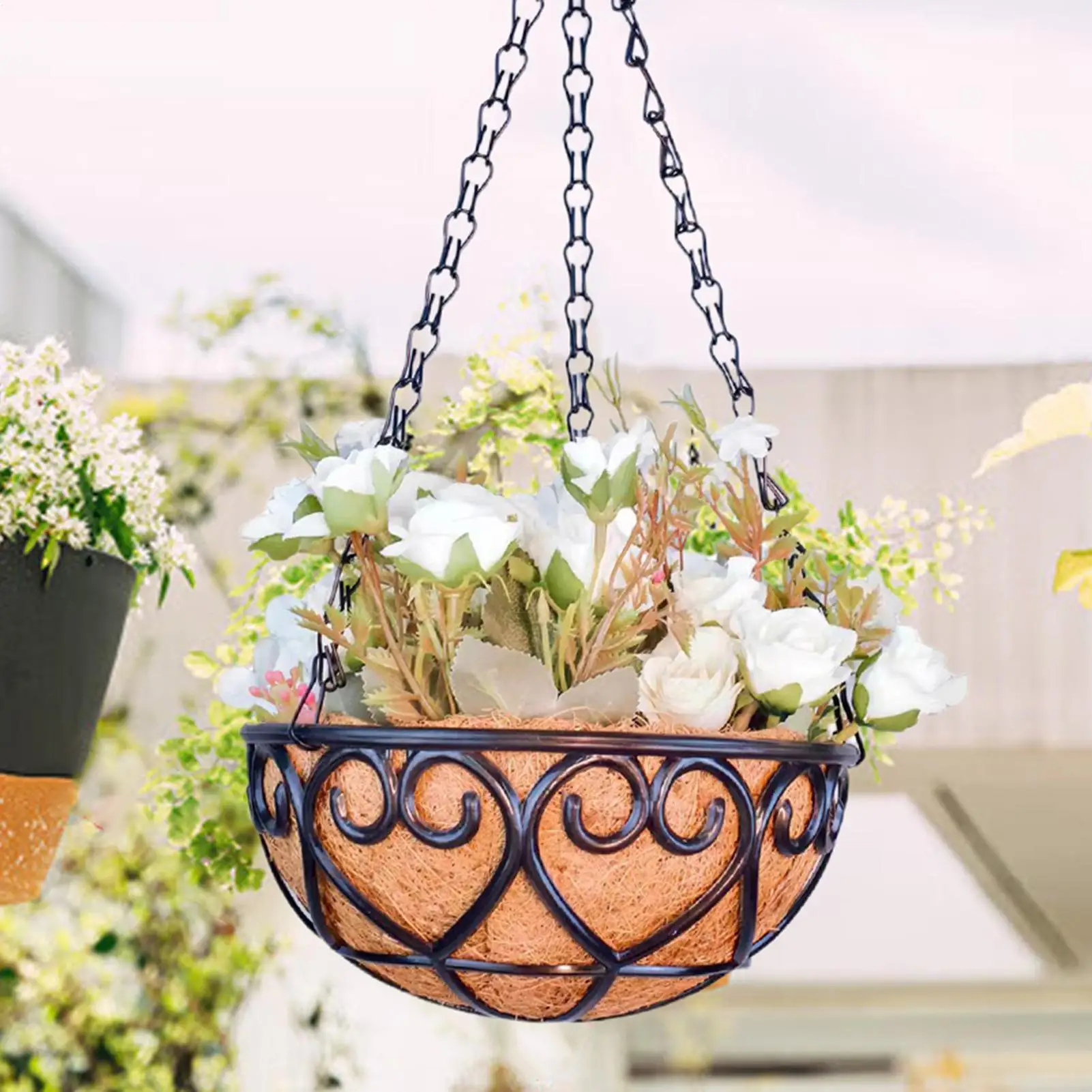 Resin Hanging Flower Basket 8/10/12 Inch, Round Plant Holder with Coconut Liner and Chain, Decorative Planter for Indoor Outdoor