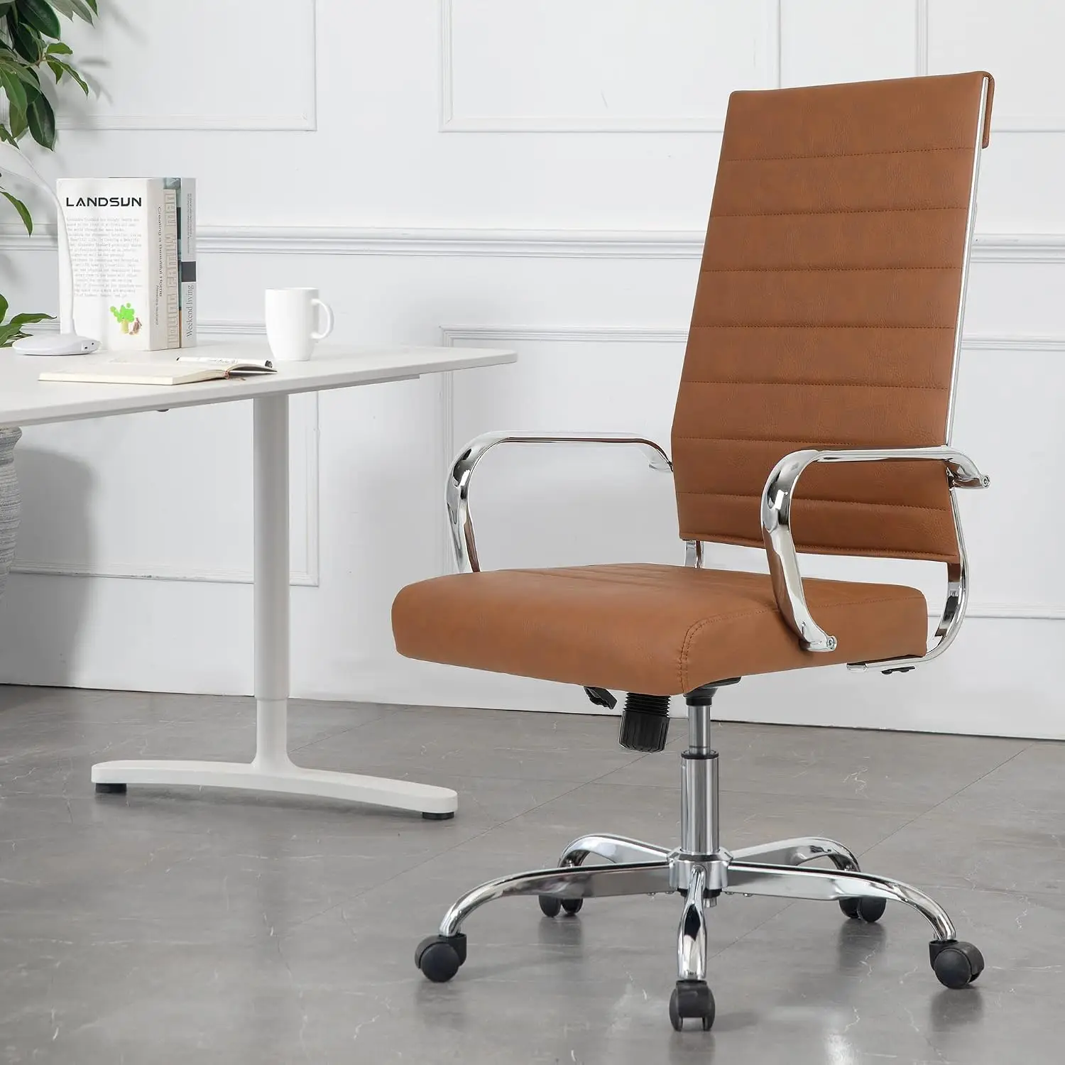 Home Office Chair High Back Executive Chair Ribbed Leather Computer Desk Chair with Armrests Soft Padded Adjustable Height Swive