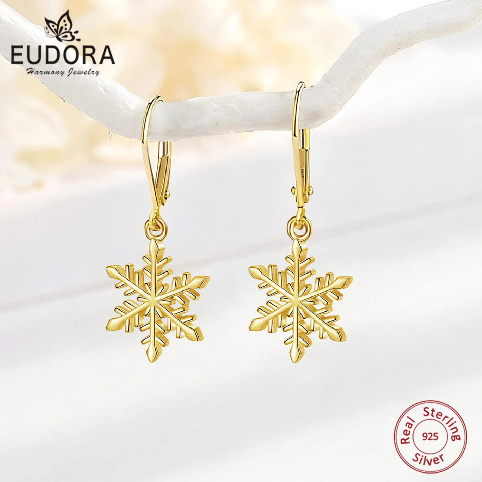 

Eudora 925 Sterling Silver Snowflake Earrings 18K Gold Plated Winter Dangle Earrings Holiday Jewelry Christmas Gift for Women