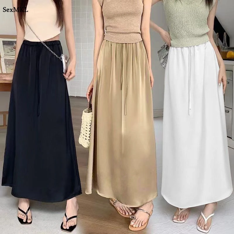 Casual High Waist Satin Long Skirt Summer Women Oversized A Line Y2k Clothes Black Loose Vintage Silk White Midi Skirt Harajuku