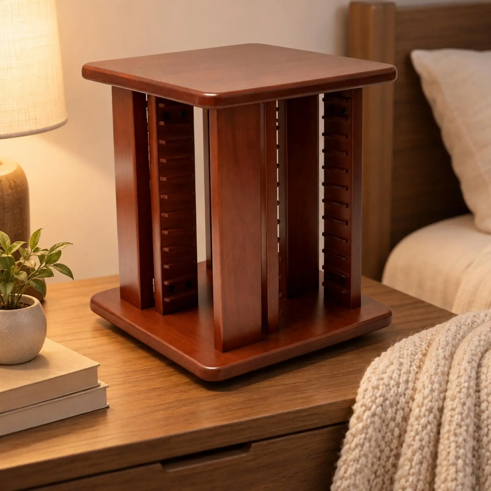 Rotating Wooden Storage Rack Shelf for Cassette Tape MD Disc Holder Spinning Media Organizer Display Stand for Study Area Music