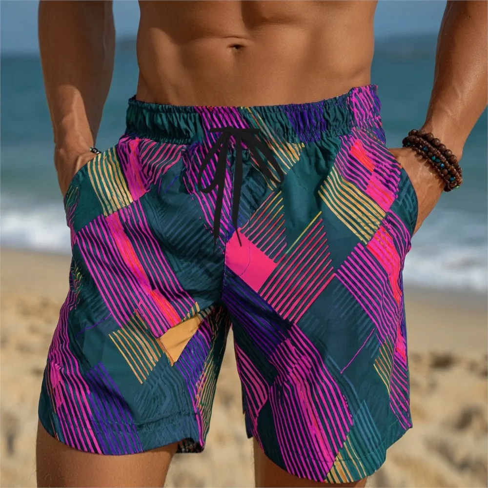 Summer Hot Selling Men's Plaid Color Blocked Beach 3D Shorts Hawaii Vacation Parent-child Quick Drying Casual Sports Shorts