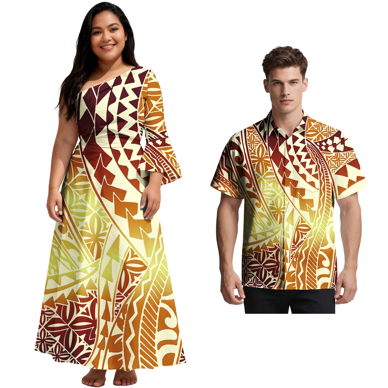 

Custom Logo Sweet Lovers Outfits Tapa Casual Women Polynesian Dress Turn-down Collar Men Aloha Shirt Samoan His-and-Hers Clothes