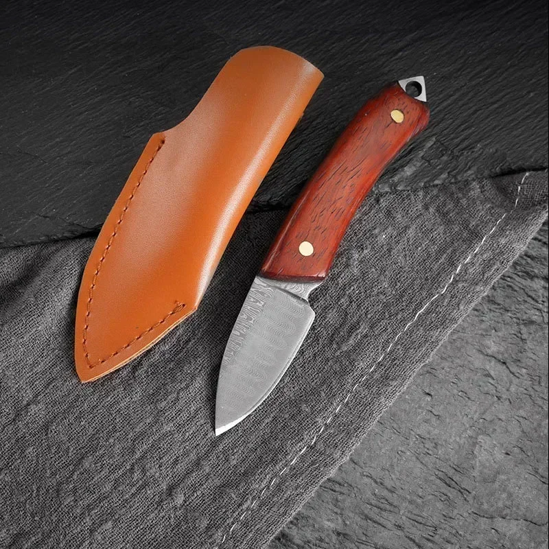 Outdoor Portable 3CR13 Stainless Steel Damascus Pattern Fixed Blade Keyring EDC Practical  Leather Cover