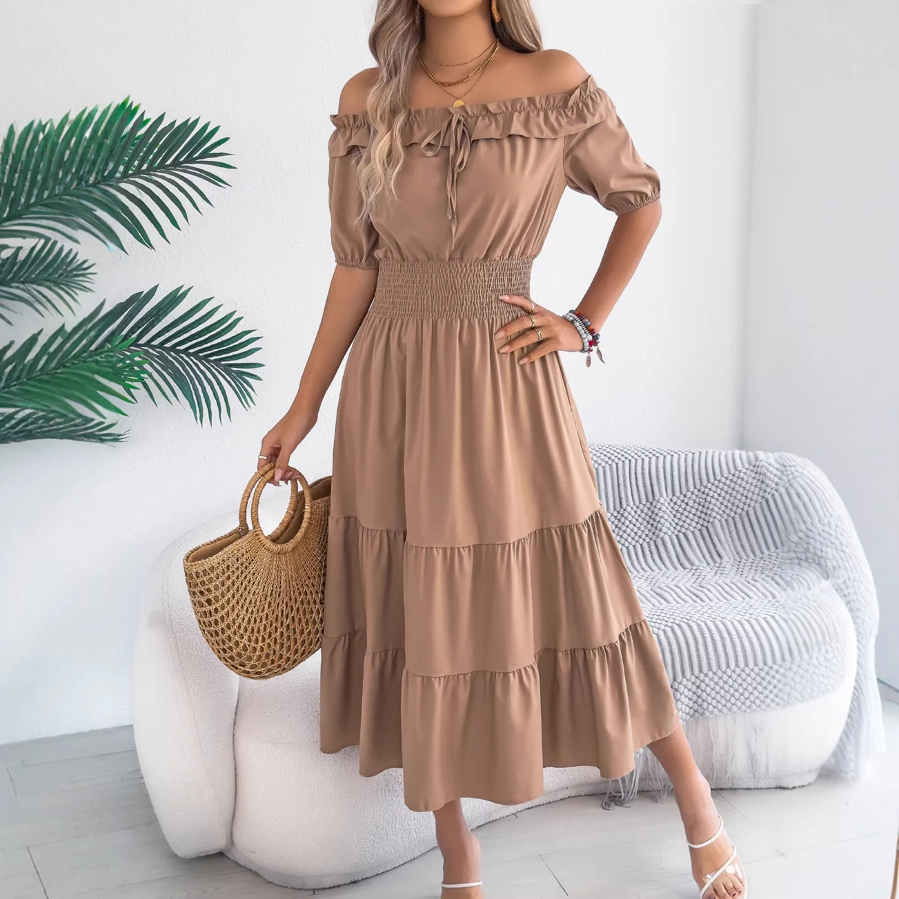 

2026 Spring Casual Dress Off Shoulder Short Sleeve Waist Collection Women's Fashion Dress L