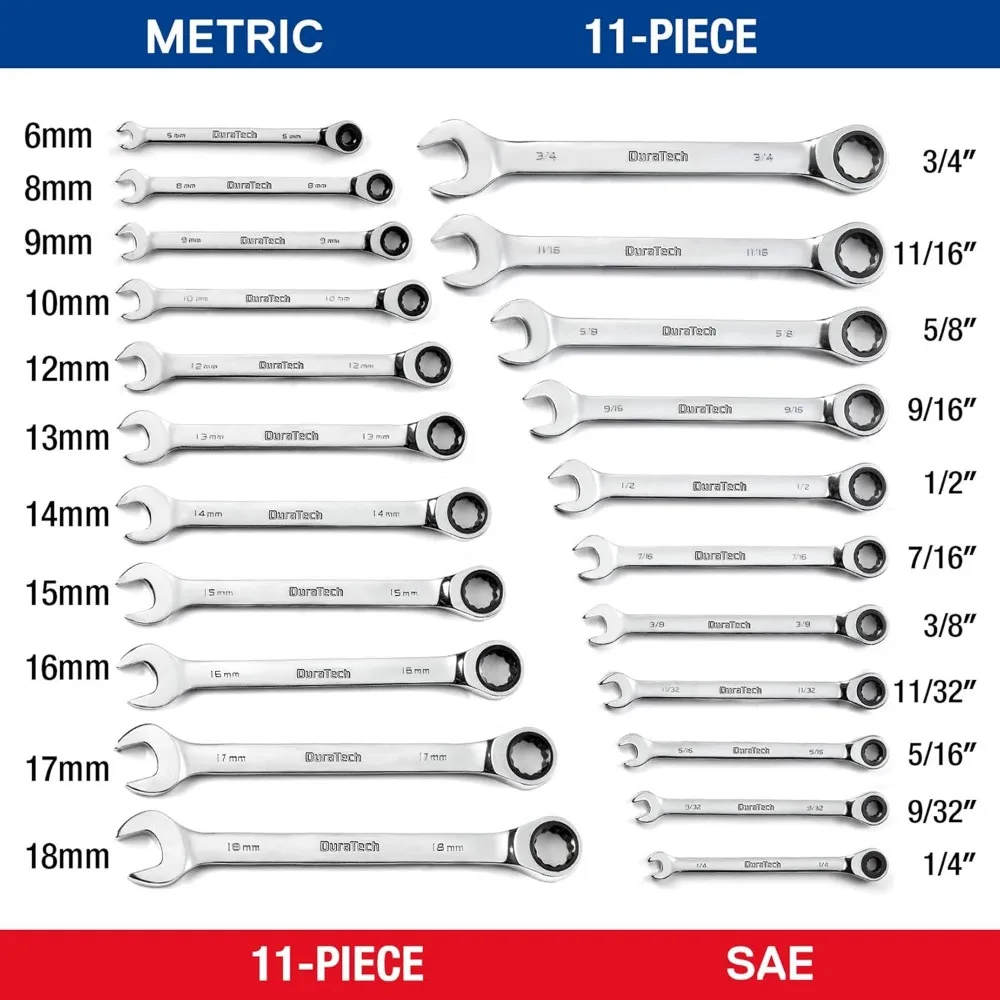 Ratcheting Wrench Set, Combination Wrench Set, SAE & Metric, 22-piece, 1/4