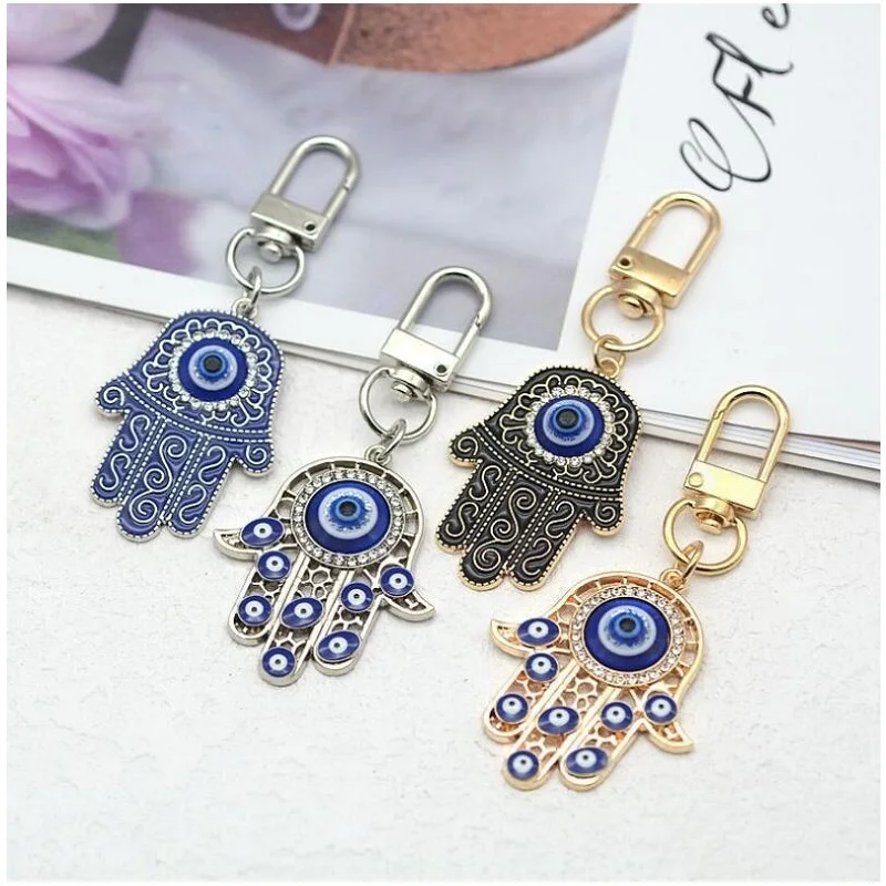 Metal Evil Eye Keychain Blue Fatima Hasma Hand Eye Keyring Good Luck Car Key Bag Pendant Accessory Home Decor Protect Gift