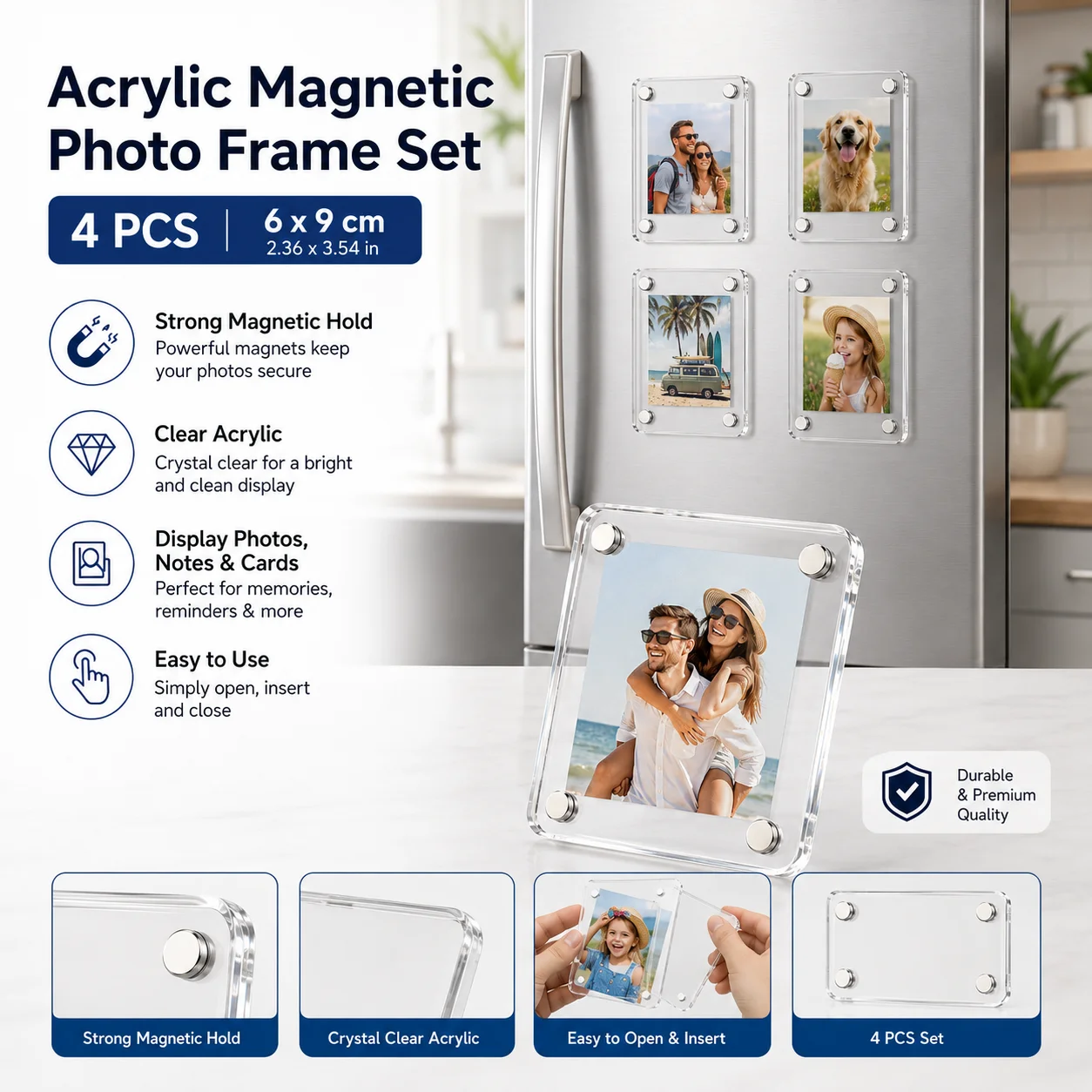 4Pcs Clear Acrylic Magnetic Photo Frame Double Sided Refrigerator Picture Holder Fridge Magnet for Photos Notes Cards Home Decor