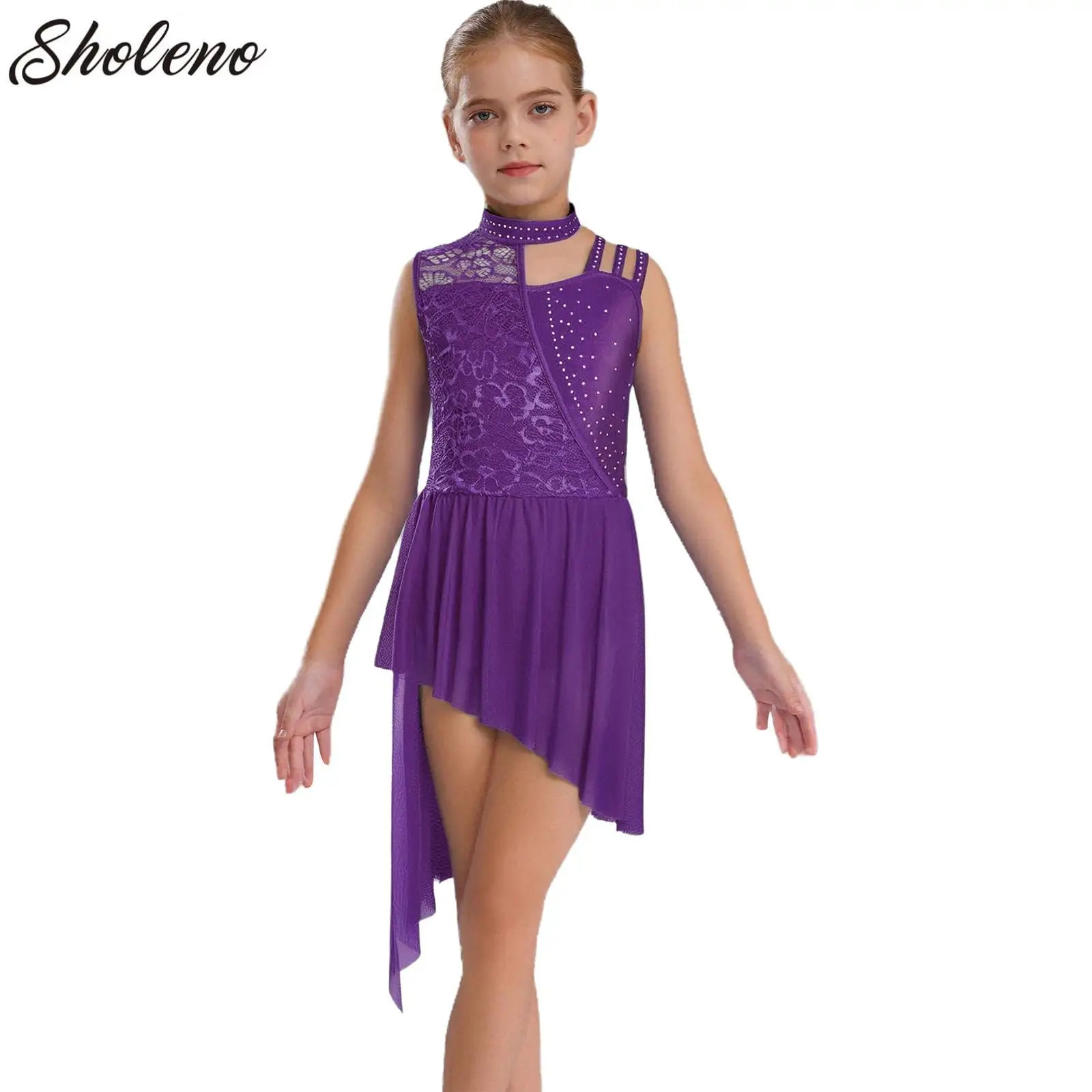 

Child Girls Ballet Lyrical Dance Dress Figure Skating Rhythmic Gymnastics Stage Performance Costume Sleeveless Rhinestone Dress