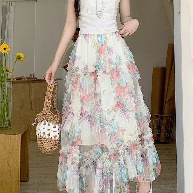 

Ele Summer 2025 Irregular Lace Skirt with Pleated High Waist Korean Sle Polyester Fiber Midi Skirt for Women