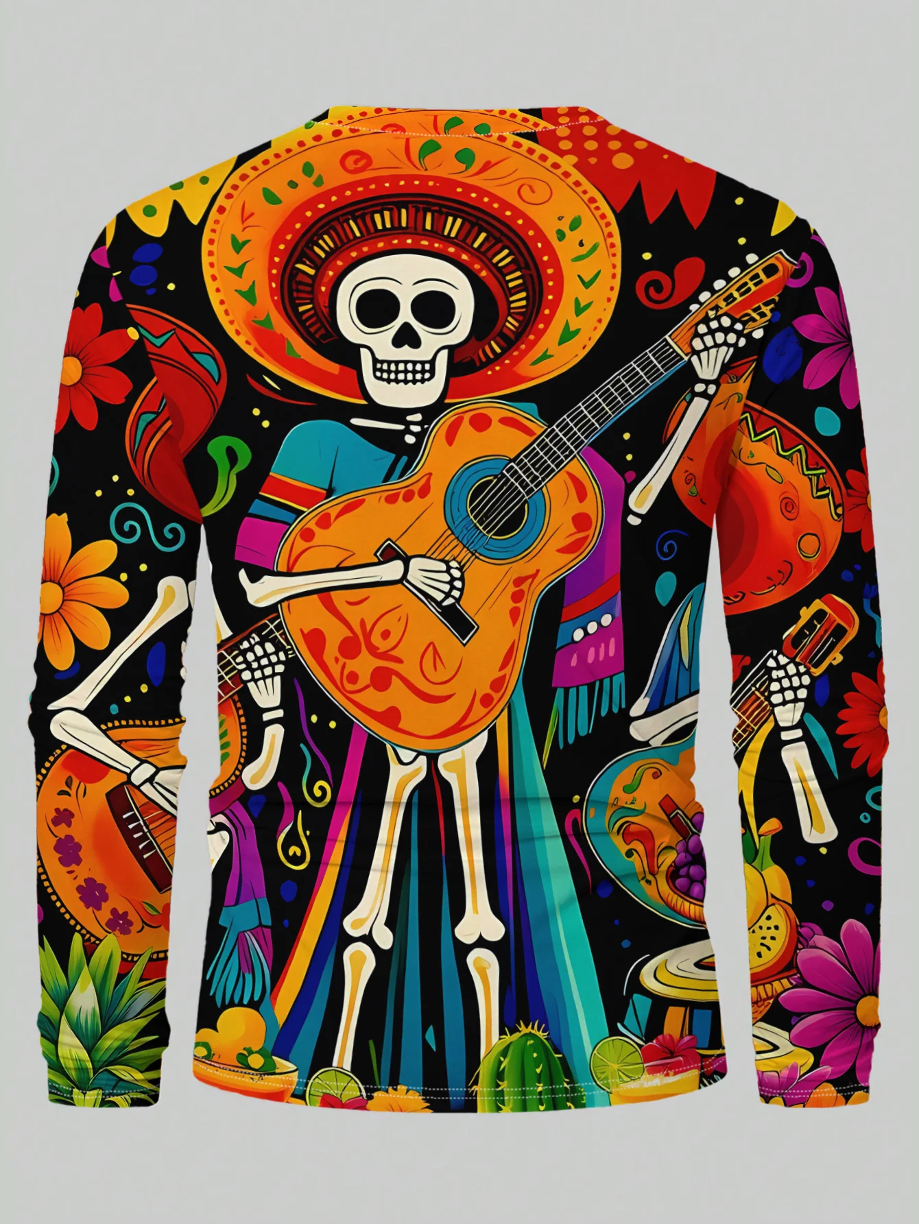 Herren Langarm-T-Shirt „Tag der Toten“ mit Skelett-Gitarren-Blumendruck, Rundhalsausschnitt, bunt, lässig, Party-Oberteil – Detail 4