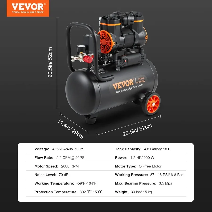 4.8 Gallon Air Compressor 1.2HP 2.2 CFM@90PSI Oil Free Air Compressor Tank with Max Pressure of 116PSI and 70 dB Ultra Quiet Op