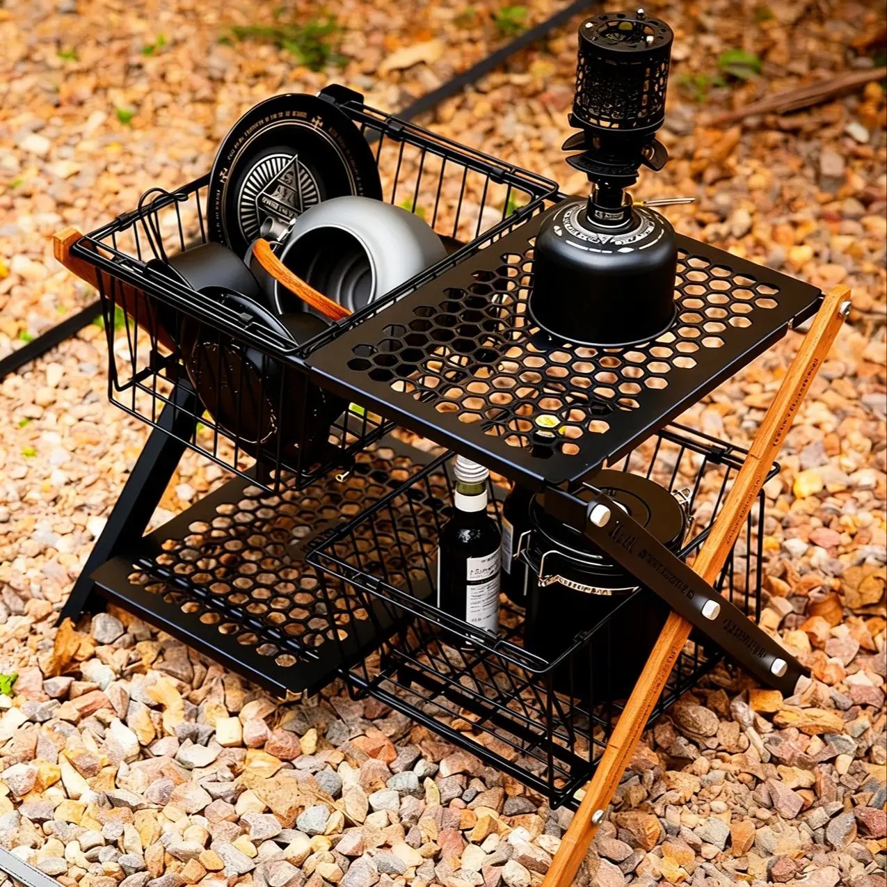 

Складная двухуровневая стойка для хранения IGT Camping X Type, портативная комбинированная подставка для стола IGT для кемпинга на открытом воздухе
