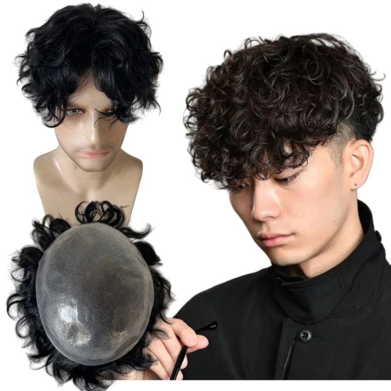Brazilian Virgin Human Hair Replacement #1 Black Color Knotted Skin Toupee 8x10 PU Units for European Men